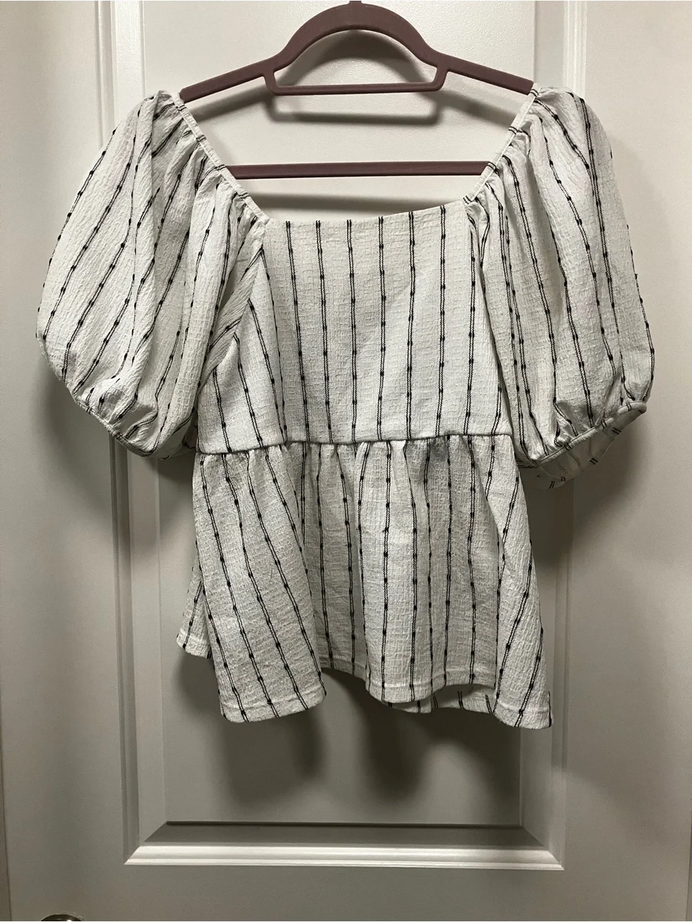 Madewell Smocked Puff Sleeve Peplum Blouse White Black Striped Size S
